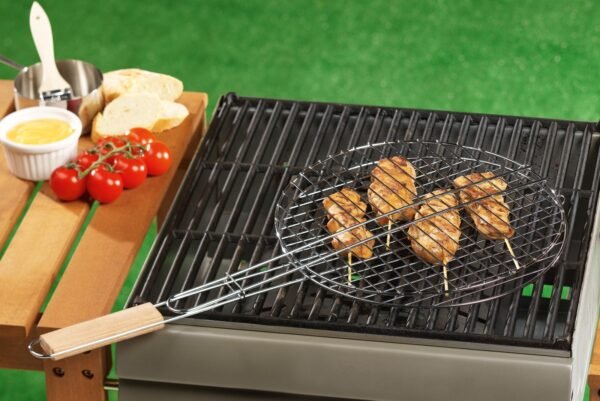 TK Stainless Steel Double Sided Round BBQ Grill with Wooden Handle