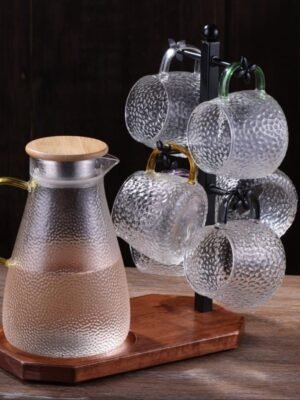 6-Cup Mug & Coffee Pot Stand – Wooden Base & Iron Holder