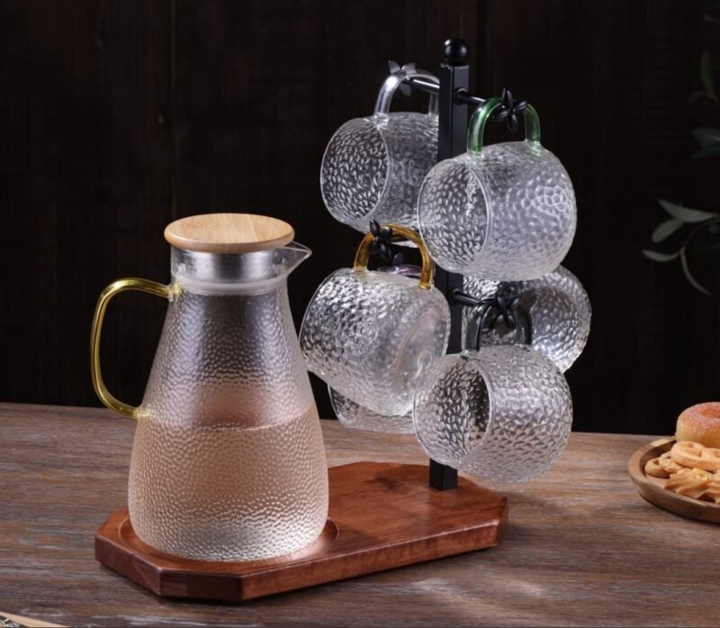 6-Cup Mug & Coffee Pot Stand – Wooden Base & Iron Holder