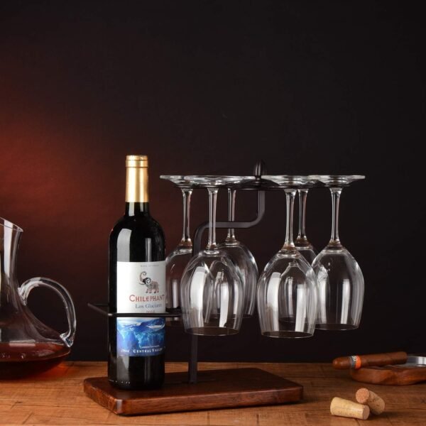 Wine Glass and Bottle Rack – Iron Frame with Wooden Base