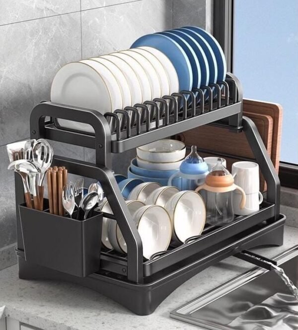 Countertop 2-Tier Stainless Steel Dish Rack with Utensil Holder