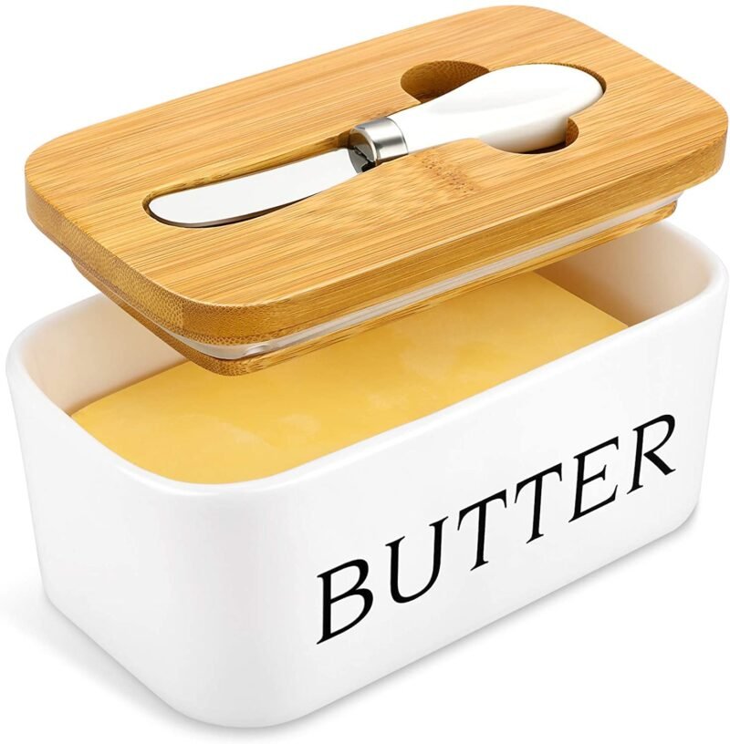 Ceramic Butter Dish with Bamboo Lid and Steel Knife