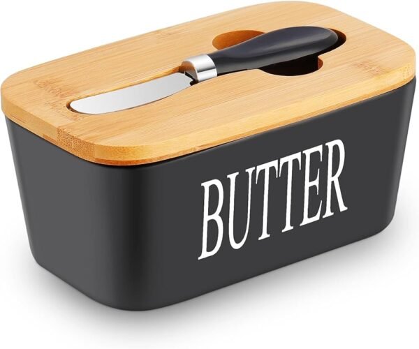 Ceramic Butter Dish with Bamboo Lid and Steel Knife