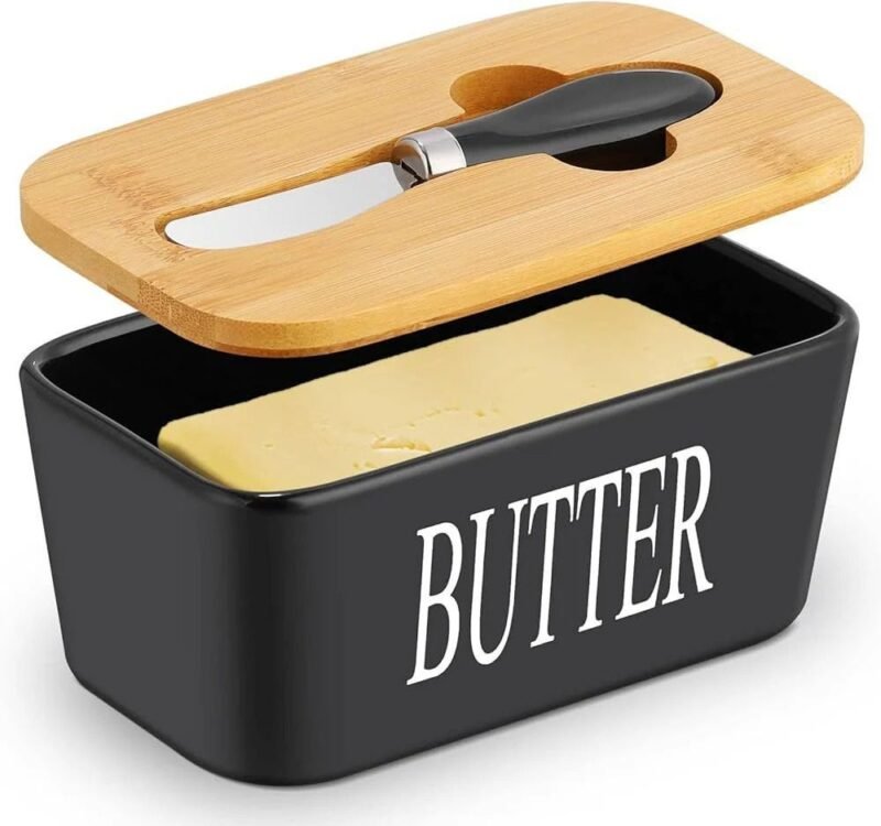 Ceramic Butter Dish with Bamboo Lid and Steel Knife