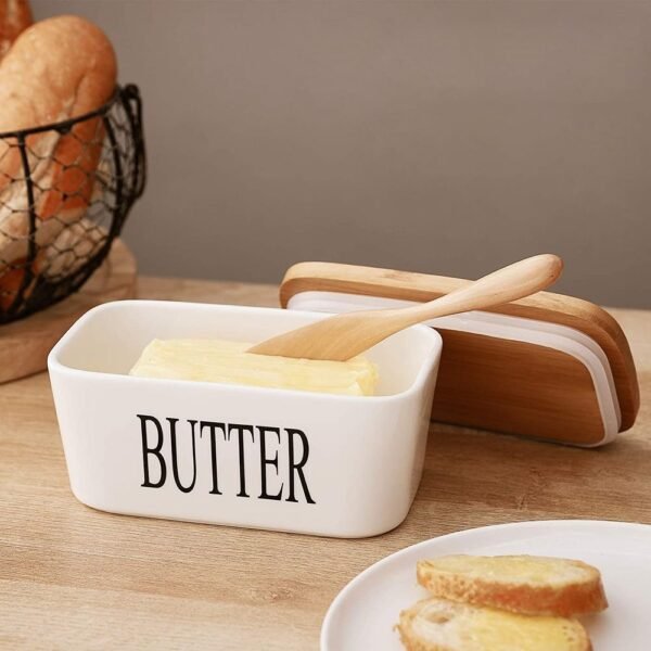 Ceramic Butter Dish with Bamboo Lid and Steel Knife