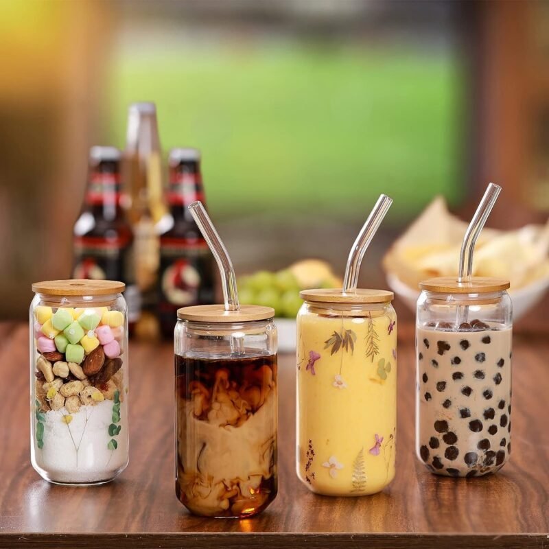 TK Borosilicate Glass Drink Set with Bamboo Lids & Straws (4 Piece)