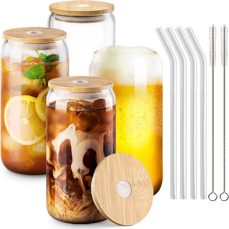 TK Borosilicate Glass Drink Set with Bamboo Lids & Straws (4 Piece)