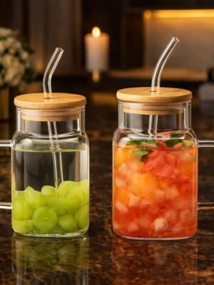 Glass Tumbler Cup with Bamboo Lid and Straw
