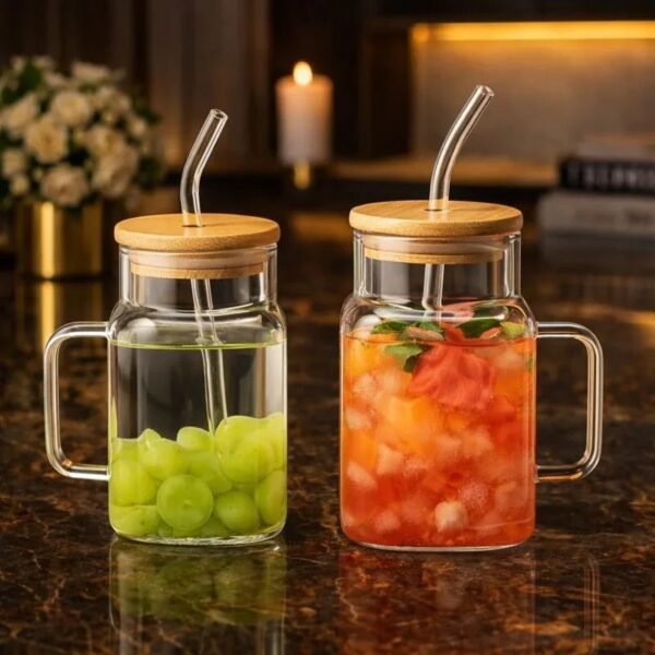 Glass Tumbler Cup with Bamboo Lid and Straw
