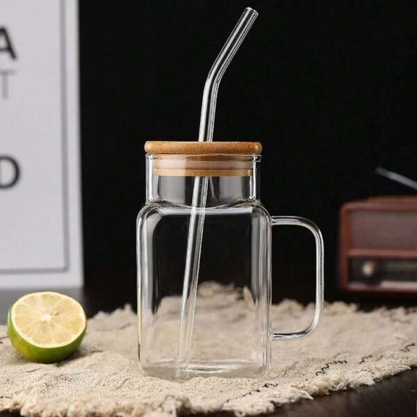 Glass Tumbler Cup with Bamboo Lid and Straw