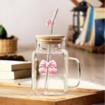 Glass Tumbler Cup with Bamboo Lid and Straw