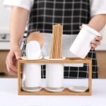 Ceramic Kitchen Utensil Holder with Wooden Base