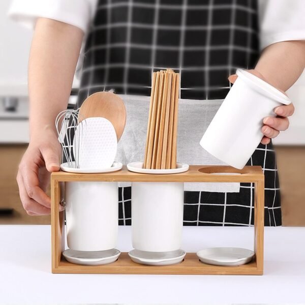 Ceramic Kitchen Utensil Holder with Wooden Base