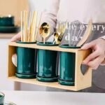 Ceramic Kitchen Utensil Holder with Wooden Base