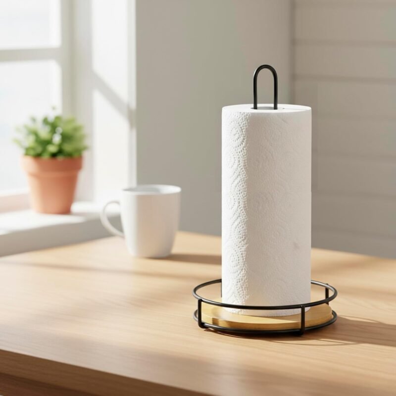 Paper Towel Holder with Bamboo Base – Kitchen Counter Stand