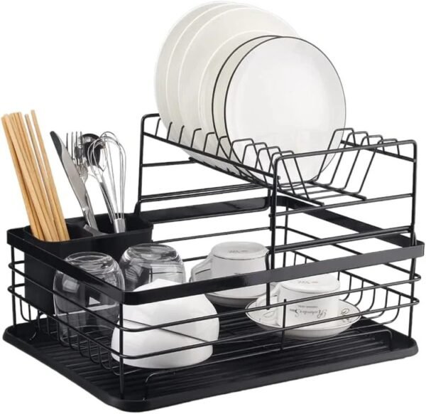 2-Tier Kitchen Top Dish Rack with Utensil Holder – Steel Frame