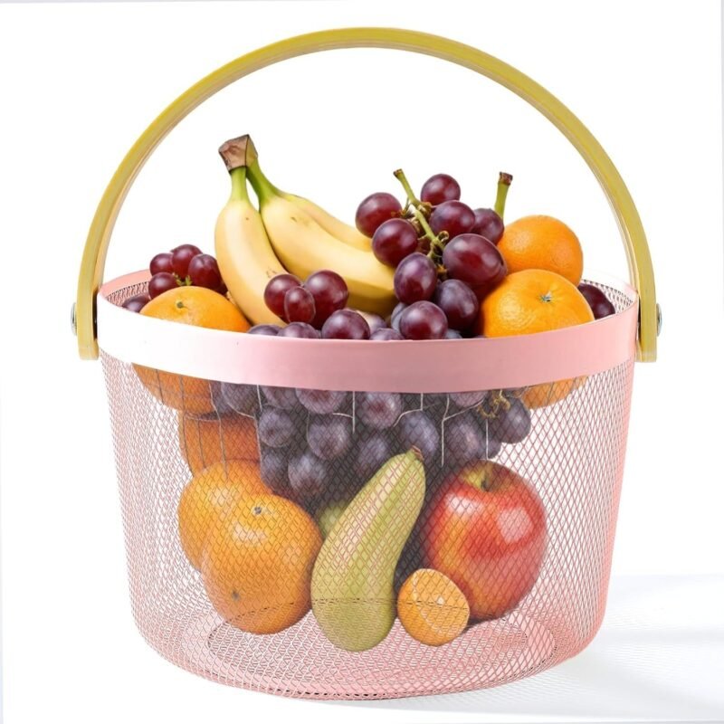 TK Round Iron & Wood Mesh Basket