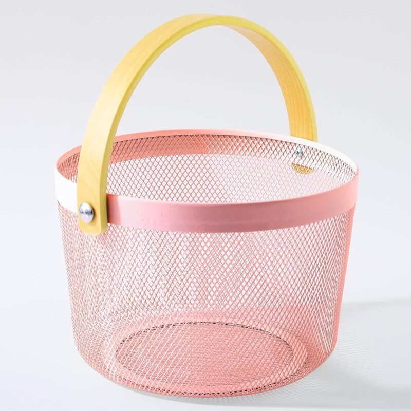 TK Round Iron & Wood Mesh Basket