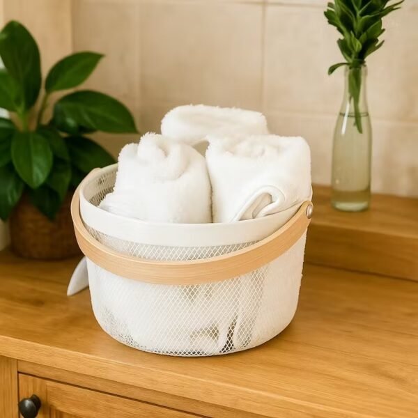 TK Round Iron & Wood Mesh Basket