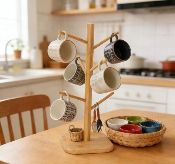 Bamboo Coffee Mug Holder Stand – 6-Cup Countertop Organizer