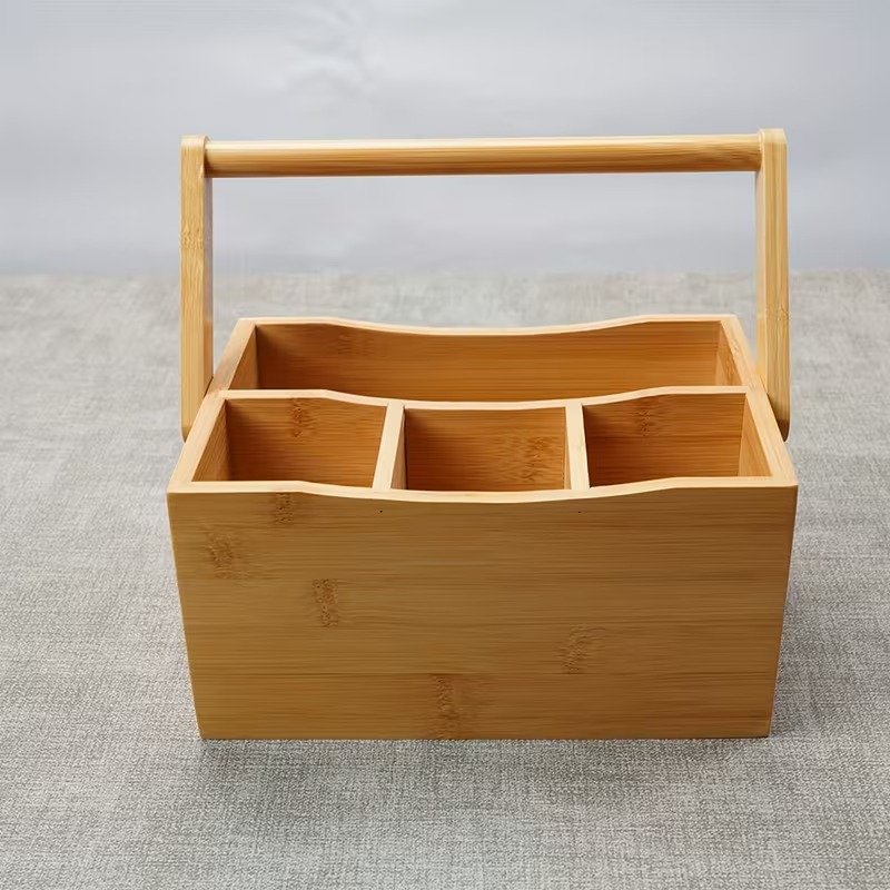 TK Multi-Purpose Bamboo Caddy Organizer with Handle – 4 Compartment Storage
