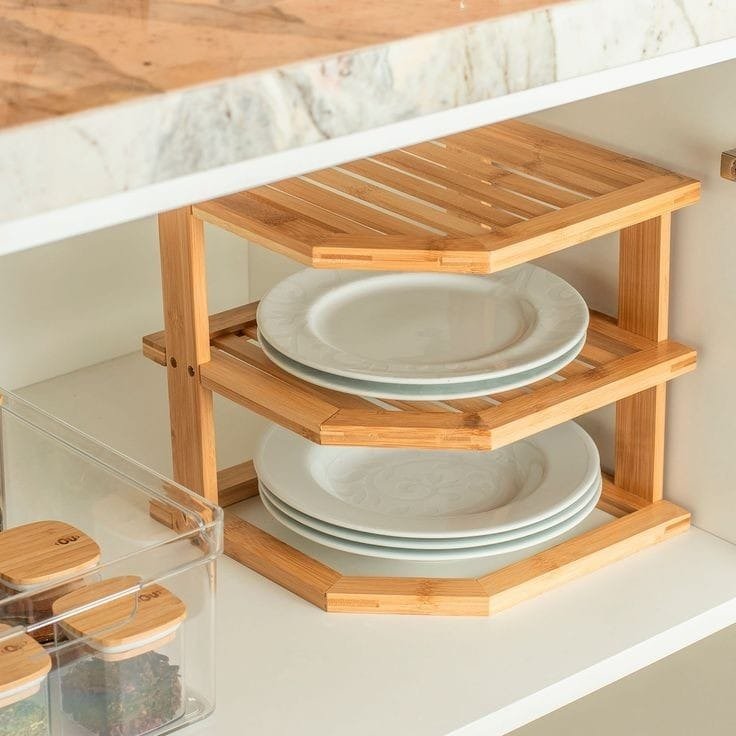 2-Tier Bamboo Corner Storage Rack – Space-Saving Home Organizer