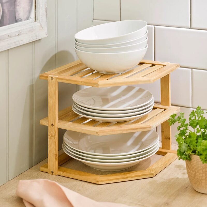 2-Tier Bamboo Corner Storage Rack – Space-Saving Home Organizer