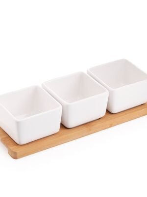 3-Piece Ceramic Bowl Set with Bamboo Holder