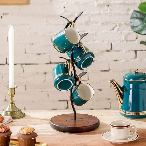 6-Cup Swirl Mug Tree – Wooden Base & Iron Holder