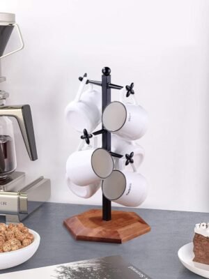 6-Cup Countertop Mug Tree – Wooden & Iron Coffee Cup Holder