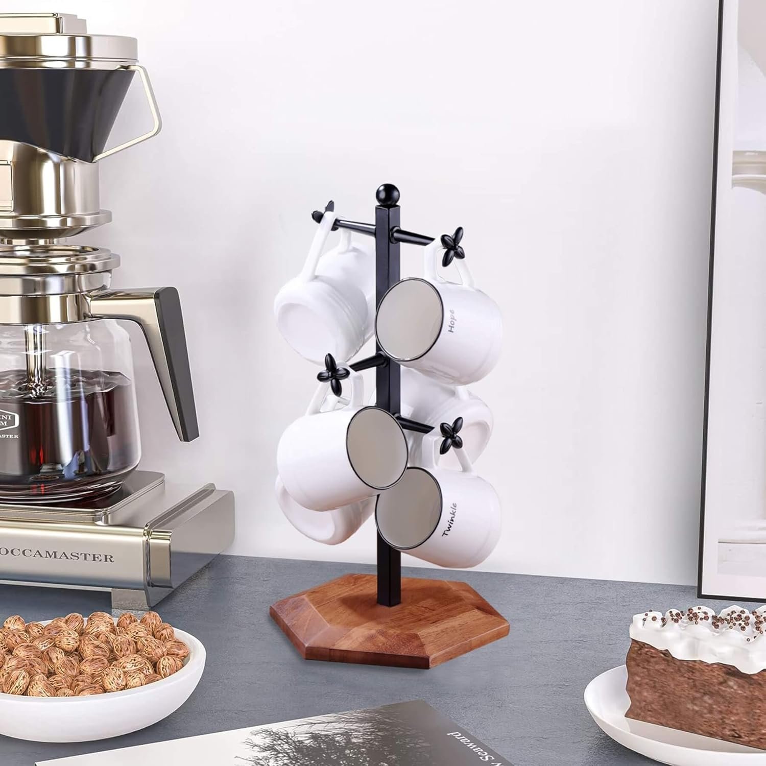 6-Cup Countertop Mug Tree – Wooden & Iron Coffee Cup Holder