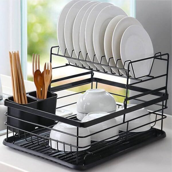 2-Tier Kitchen Top Dish Rack with Utensil Holder – Steel Frame