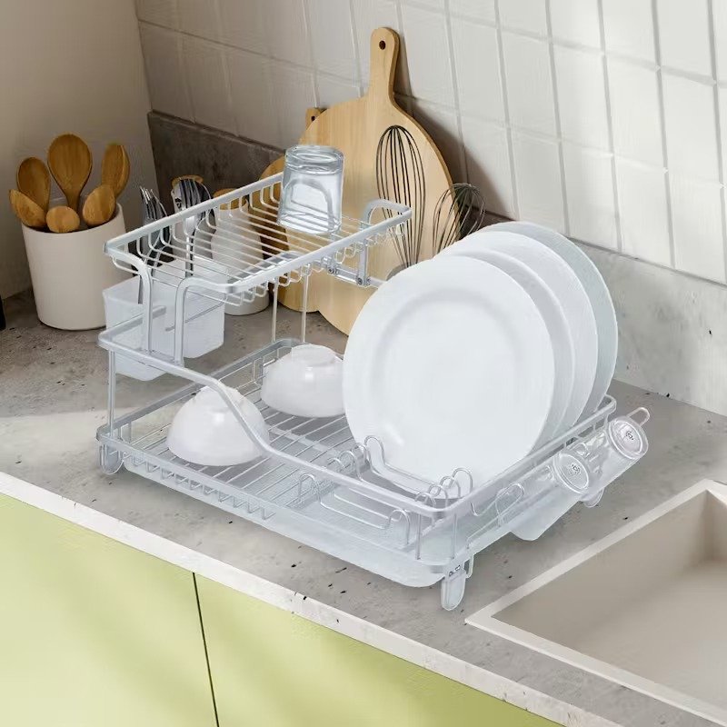 2-Tier Aluminum Dish Rack with Draining Board – Kitchen Organizer