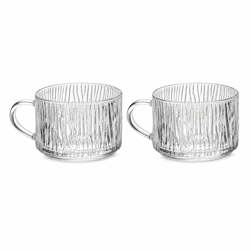 Ribbed Glass Coffee Mug Set – 2 Piece Clear Glass Cups