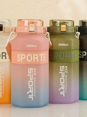 Gradient Water Bottle – 2000ml Portable with Handle, Flip-Top Lid & Straw