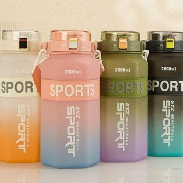 Gradient Water Bottle – 2000ml Portable with Handle, Flip-Top Lid & Straw