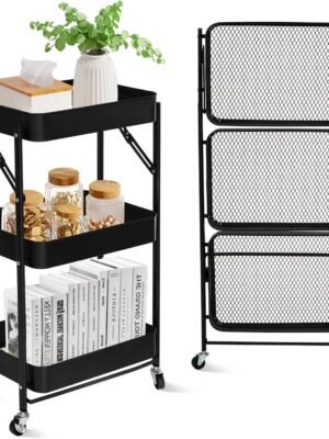 3 Tier Foldable Rolling Cart – Kitchen & Storage Organizer