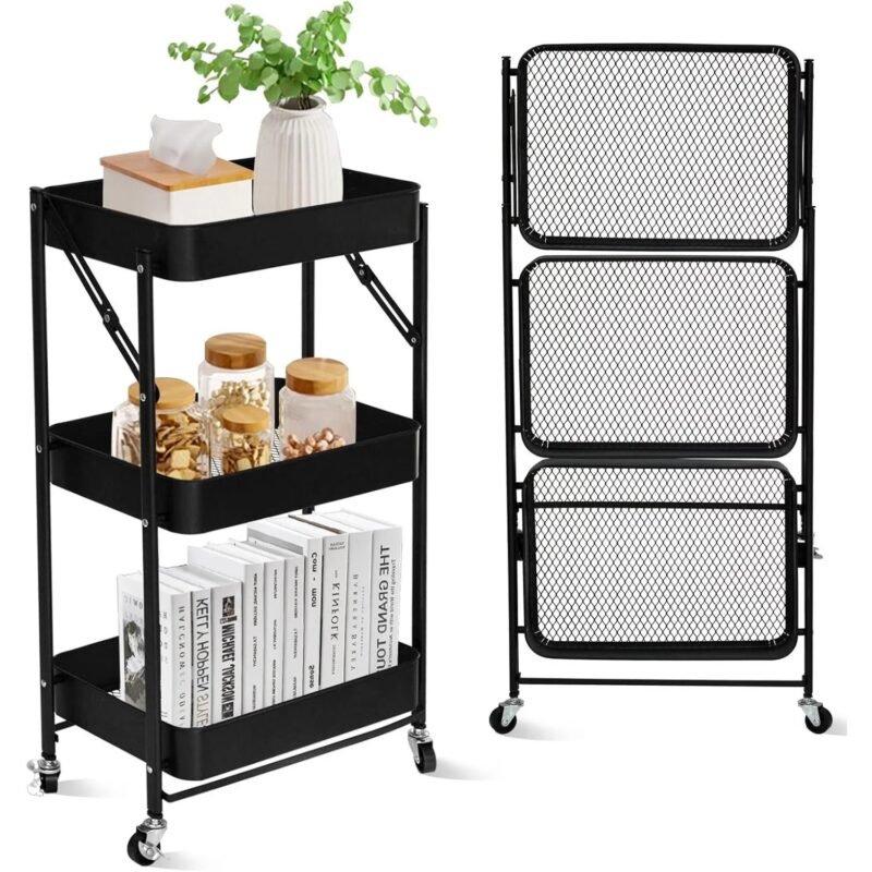 3 Tier Foldable Rolling Cart – Kitchen & Storage Organizer