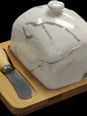 Ceramic Butter Container with Knife – Bamboo Base Butter Dish