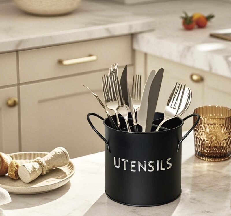 TK Metal Utensil Holder – 4-Compartment Kitchen Organizer