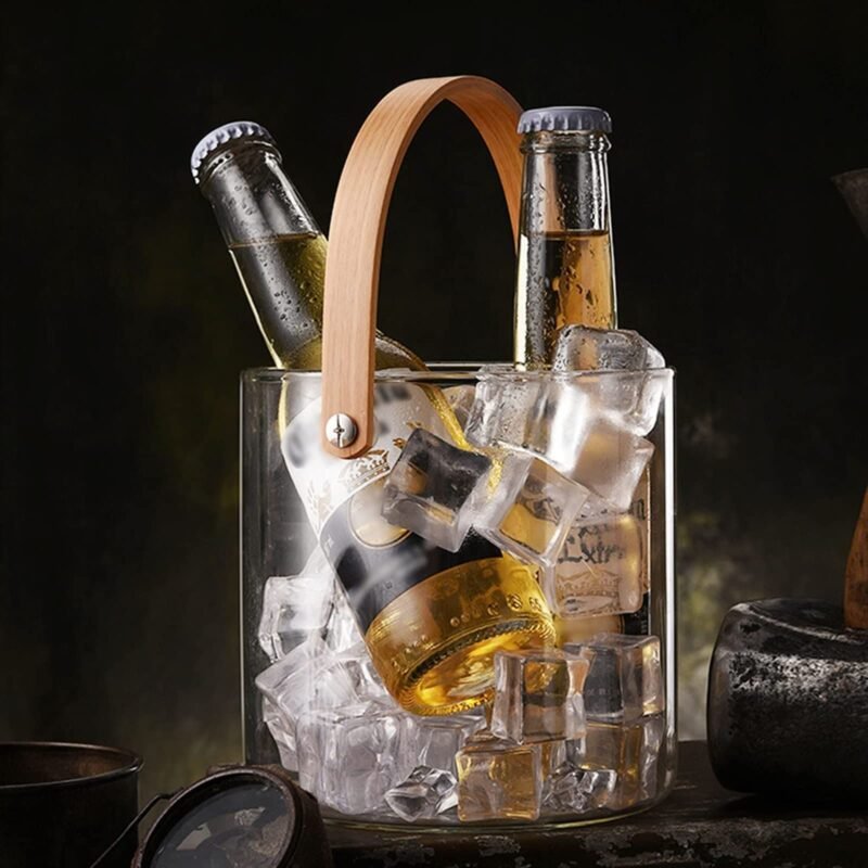 Glass Ice Bucket with Wooden Handle – Crystal Clear Drink Chiller