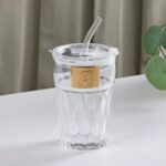 TK Diamond Pattern Glass Cup – Elegant Drinkware with Straw