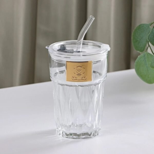 TK Diamond Pattern Glass Cup – Elegant Drinkware with Straw