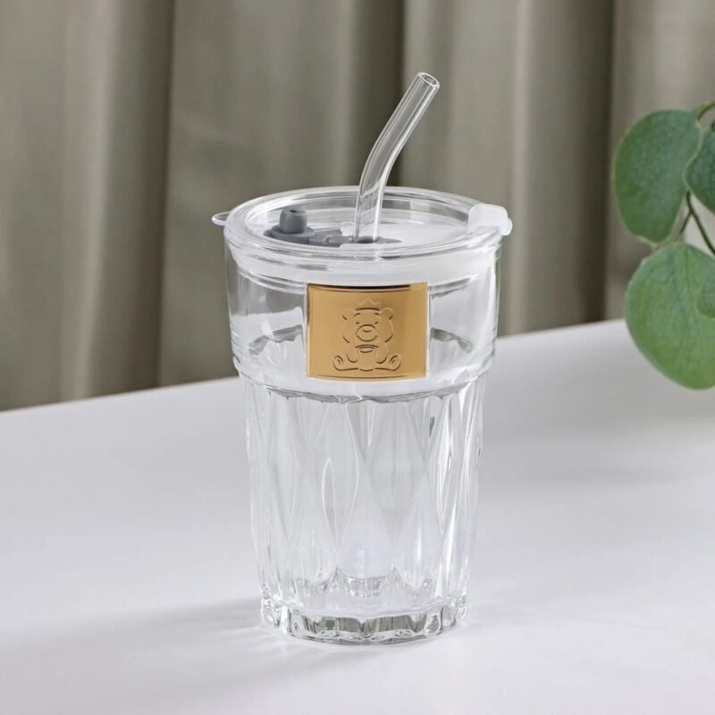 TK Diamond Pattern Glass Cup – Elegant Drinkware with Straw
