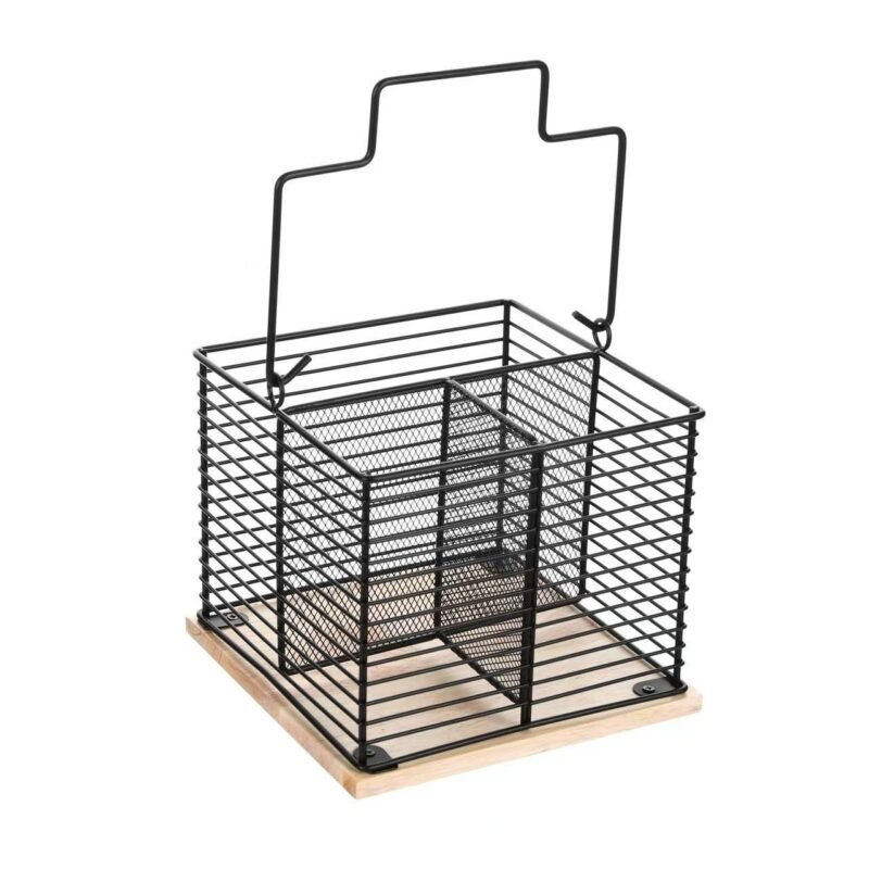 TK 3 Compartment Wire Cutlery Holder with Bamboo Base