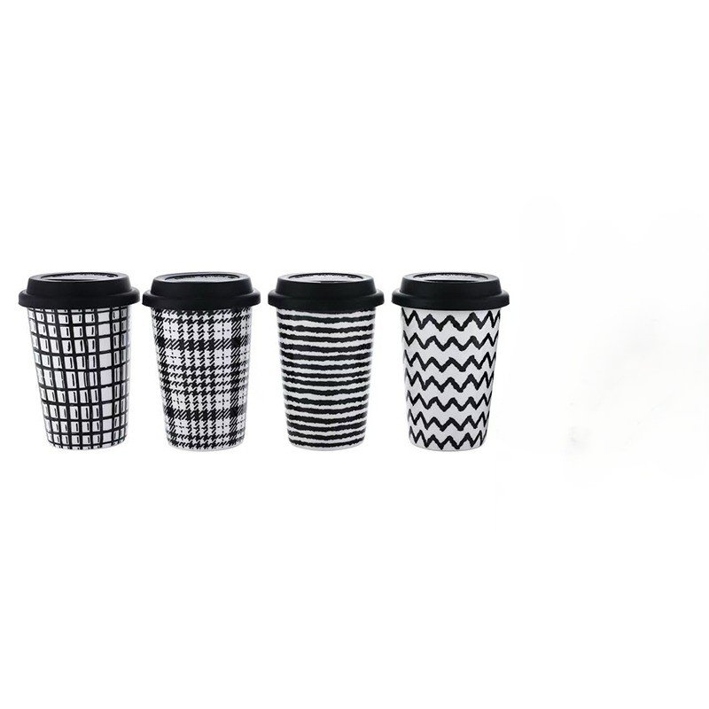 TK Patterned Ceramic Coffee Mug – 400 ml Cup with Silicone Lid