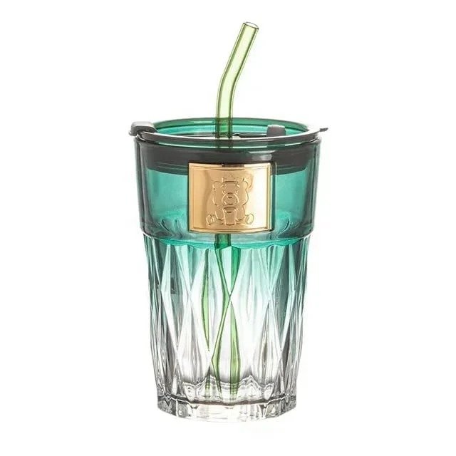 TK Diamond Pattern Glass Cup – Elegant Drinkware with Straw