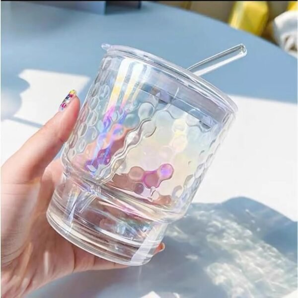 Rainbow Shimmer Glass Tumbler with Straw
