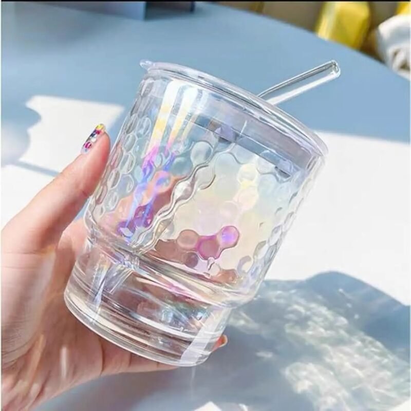 Rainbow Shimmer Glass Tumbler with Straw