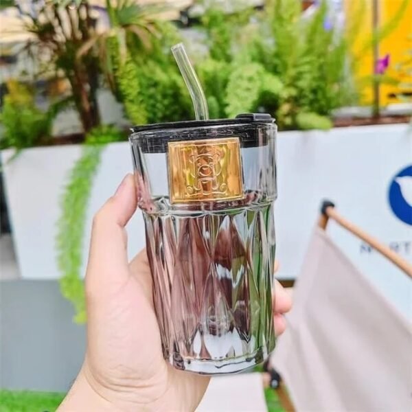 TK Diamond Pattern Glass Cup – Elegant Drinkware with Straw